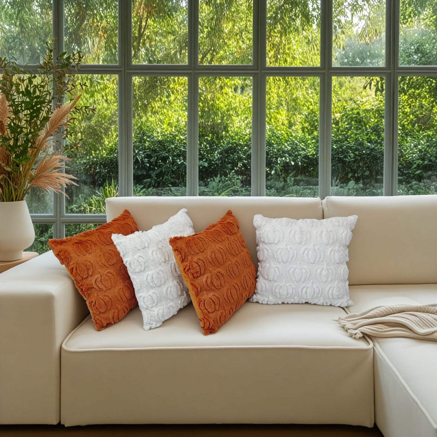HDVUHKI Fall Pumpkin Throw Pillow Covers 18x18 inch Set of 4, Rust Red and White Autumn Thanksgiving Farmhouse Living Room Soft Fluffy Plush Faux Fur Wool Decorations for Sofa Couch Bed