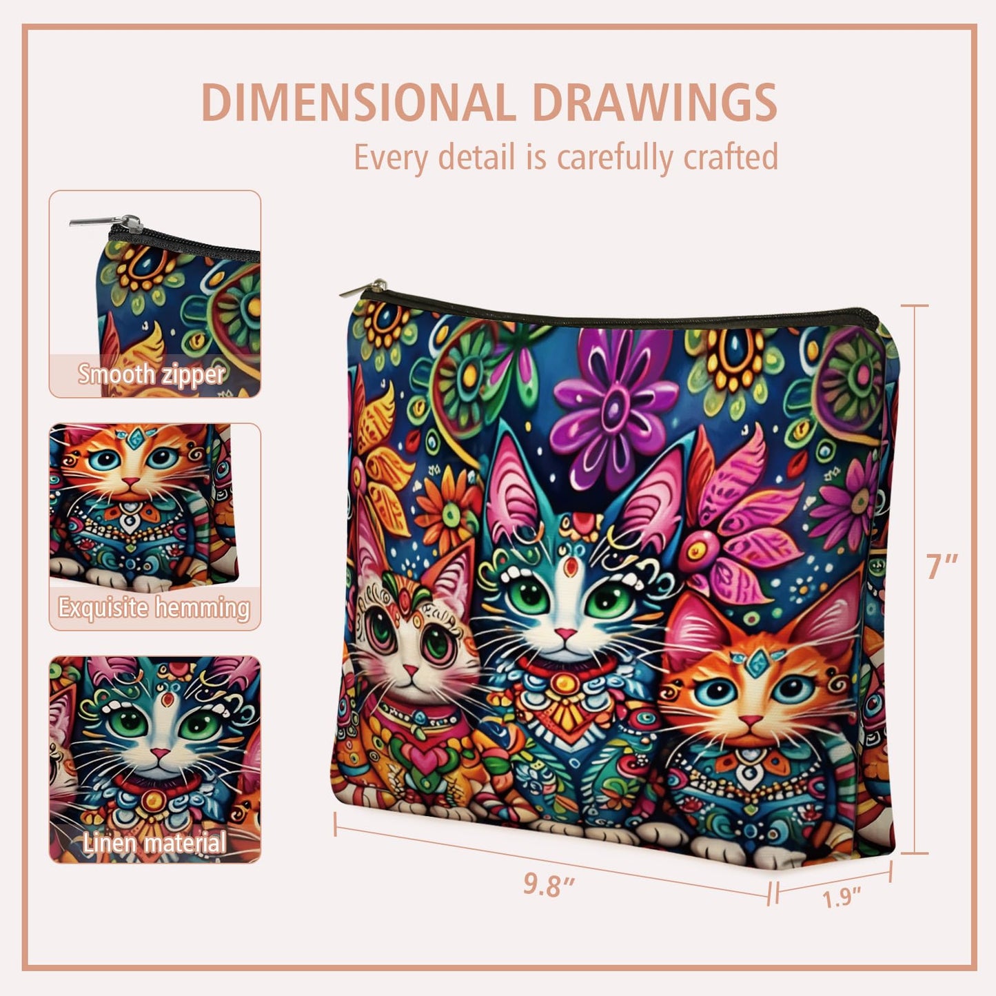 Girlly Mom Bohemian Cat Makeup Bag Gift: Cute Boho Cats Themed Cosmetic & Toiletry Organizer Pouch For Daughters, Sisters, Friends,Teen Girls & Women.Ideal Gift For Travel, Birthdays.