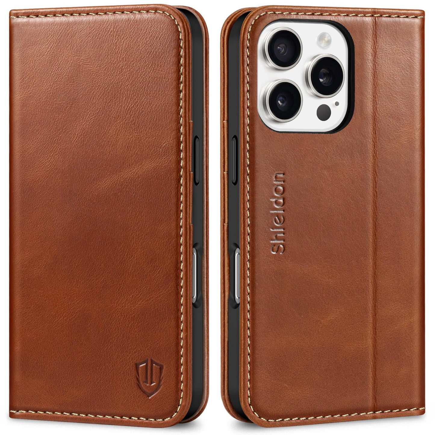 SHIELDON Wallet Case for iPhone 16 Pro 6.3" 2024, Genuine Leather Folio Magnetic Closure RFID Blocking Card Holder Kickstand Full Protection Phone Case Compatible with iPhone 16 Pro - Retro Brown