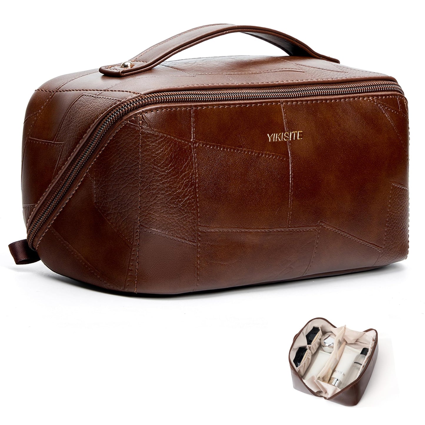 Yikisite Makeup Bag, Travel Cosmetic Bags toiletry bag for Women, Waterproof PU Leather Make Up Pouch Organizer Travel Essentials Organizer with Divider (Brown)