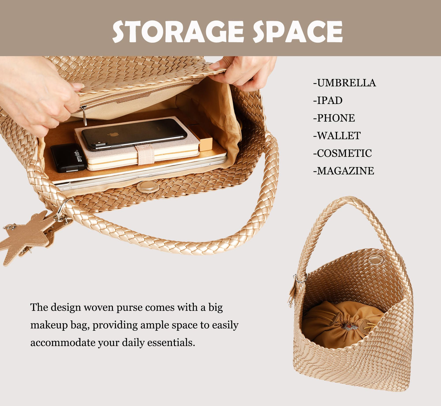 Leather Woven Tote Bag, Vegan Leather Slouchy Hobo Bag for Women, Large Shoulder Handbag Woven Purse (Gold-Large)