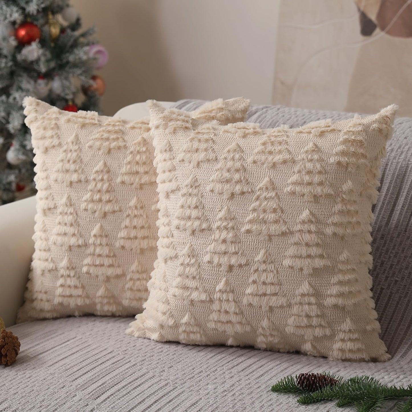 Allorry Christmas Pillow Covers 18 x 18 Set of 2 Xmas Decorations Beige Christmas Tree Pillow Cases Plush Faux Fur Soft Cushion Case for Winter Xmas Holiday Home Bedroom Sofa Decors SY-003-C18
