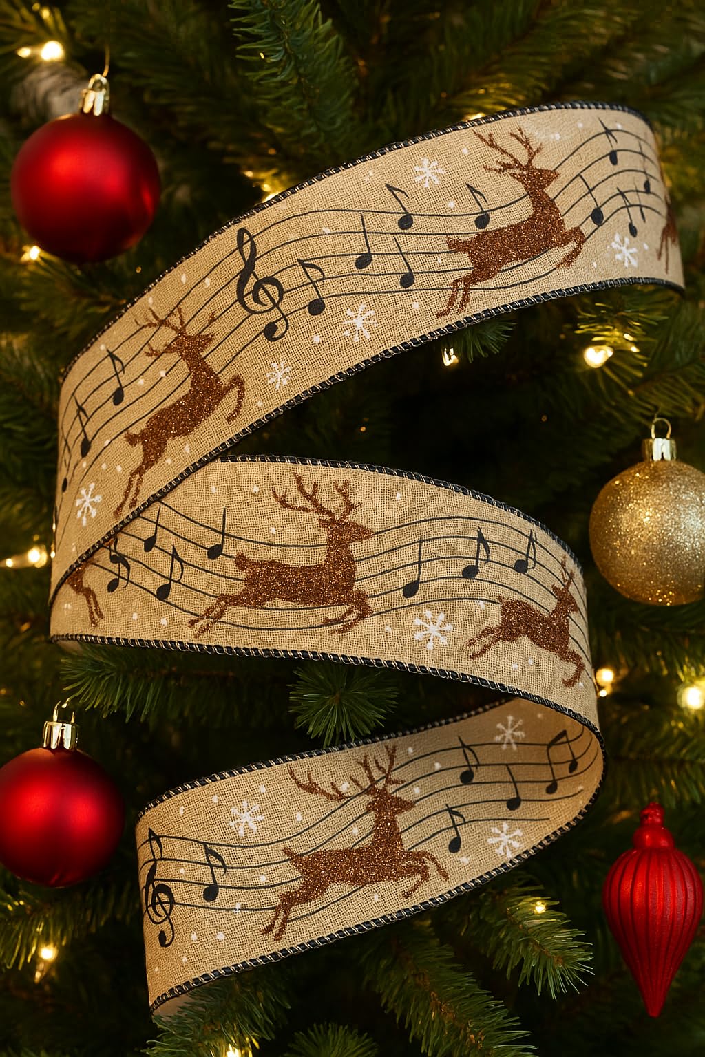 Designer's Shop Christmas Musical Glitter Reindeer Burlap Ribbon