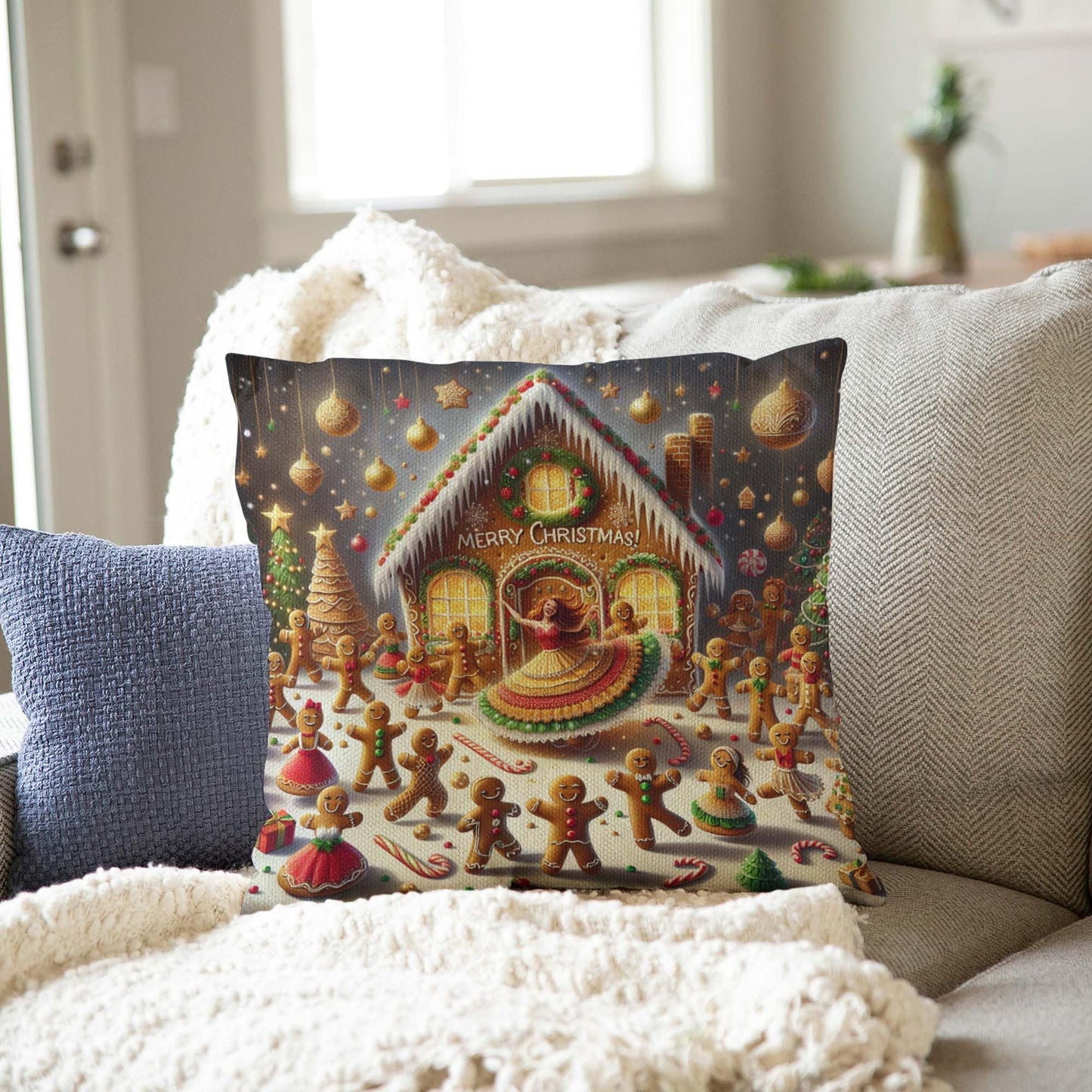 Jiaopenyou Throw Pillow Cover 20x20 Inch,Gingerbread Men in Gingerbread House Dancing with The Words Merry Christmas Throw Pillow Case,Home Decor Cushion Covers for Sofa Living Room Couch Bed