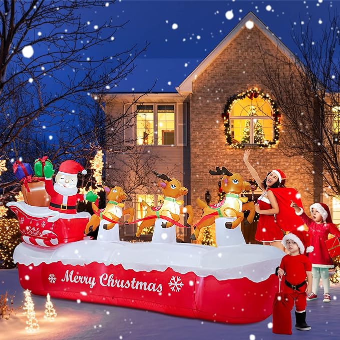 COOLWUFAN 10 FT Christmas Inflatables Outdoor Decorations Santa Claus on The Sleigh with Cute Elks, Blow Up Inflatable Yard Decoration Clearance with Lights for Christmas Party, Outdoor, Garden Lawn
