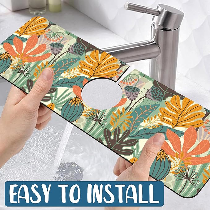 Abstract Leaves Sink Faucet Absorbing Mat Boho Leaves Super Absorbent Fast