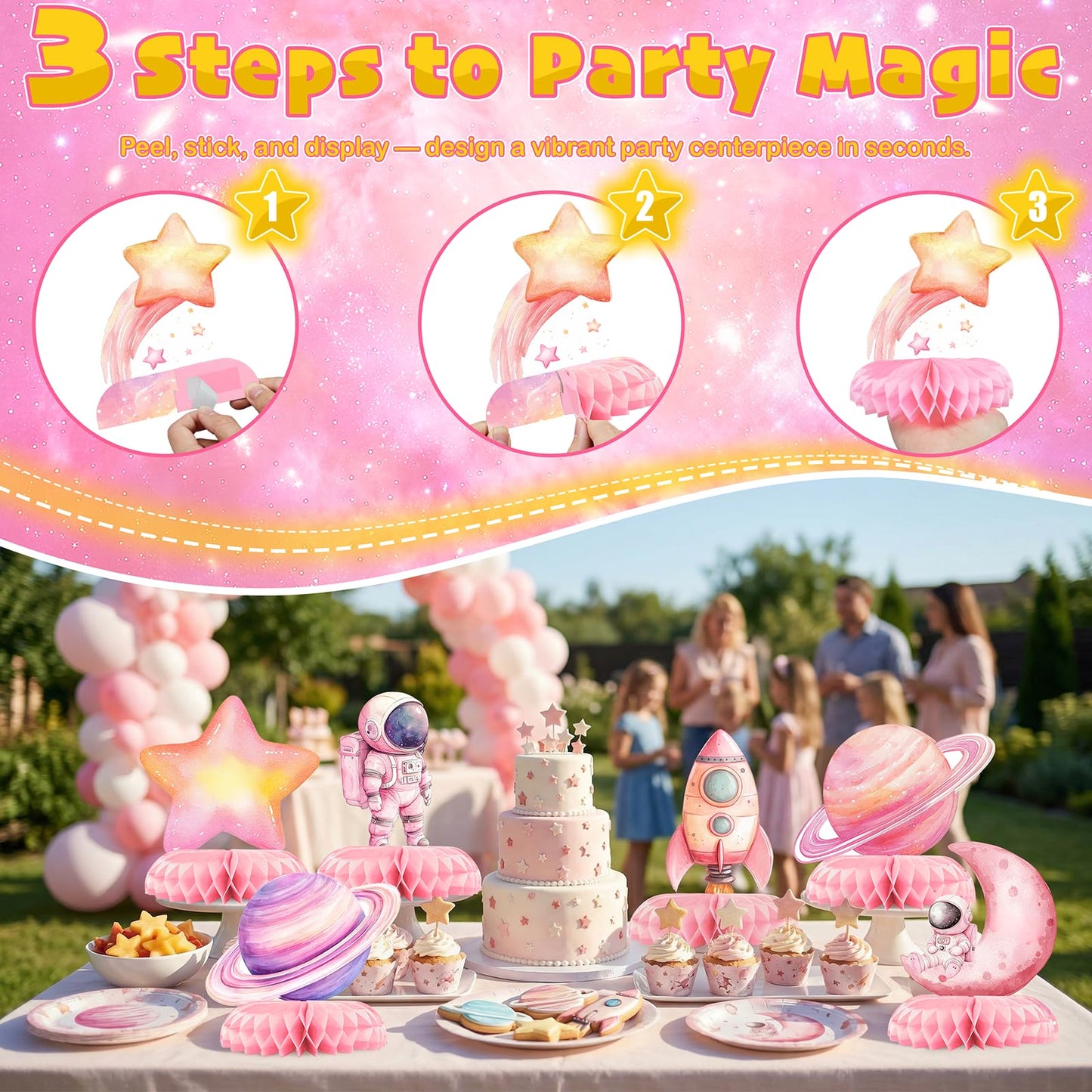 12 Pcs Pink Space Baby Shower Decorations for Girl - Outer Space Girl Party Supplies - Pink Astronaut Rocket Moon Star Centerpieces for Tables - Galaxy Honeycomb Table Decor for Baby Shower