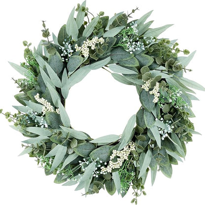 Eucalyptus Wreaths 22" Large Artificial Greenery Outdoor/Indoor Wreath Spring/Summer Wreath Green Wreaths for Front Door Porch Window Wall Hanging Decor All Year Round Wre-ath（Green）