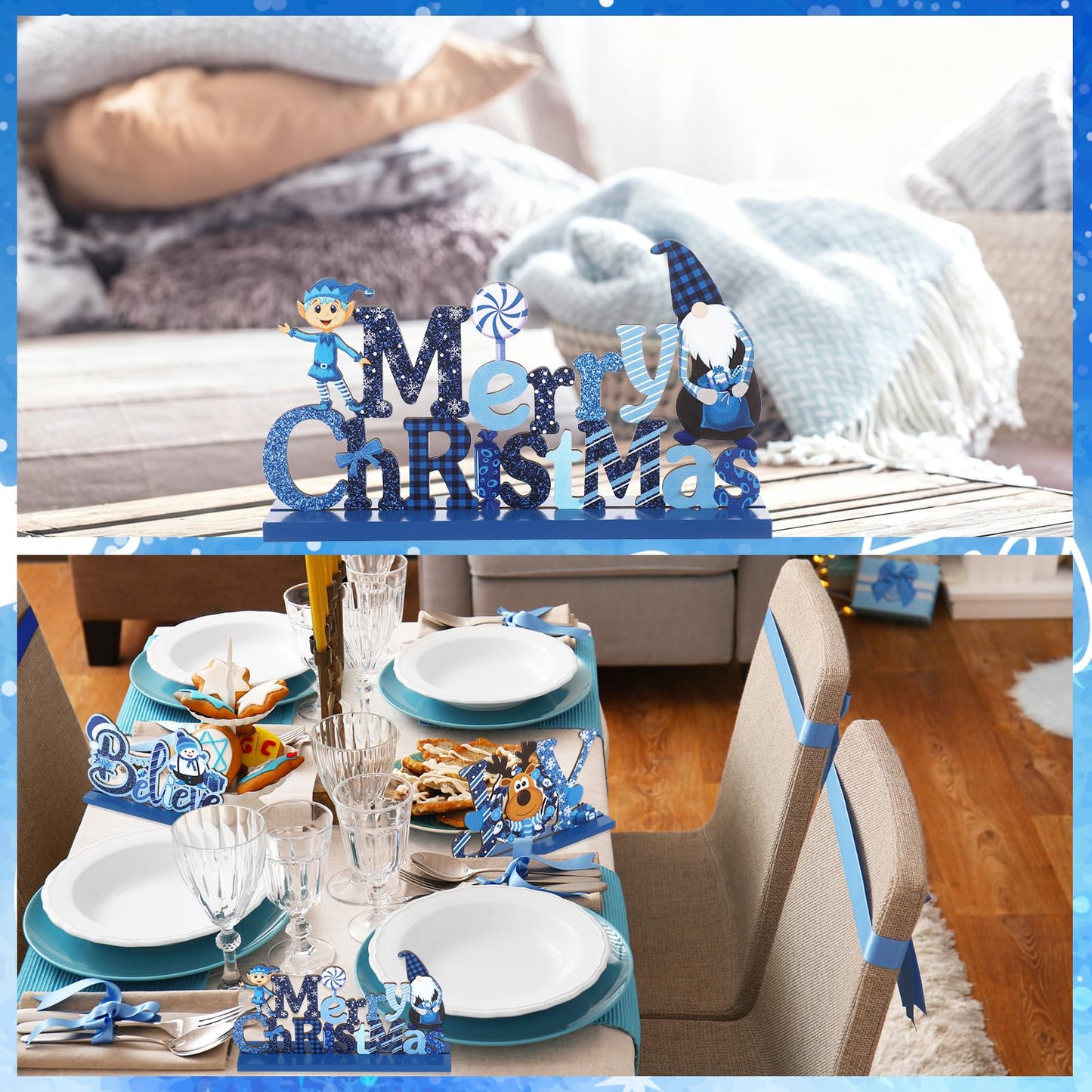 Blulu 3 Pcs Christmas Decorations Indoor Centerpieces for Tables Tabletop Wooden Signs Farmhouse Centerpieces Xmas Snowman Santa Claus Gnome Signs Merry Christmas for Xmas Holiday Party Decor(Blue)
