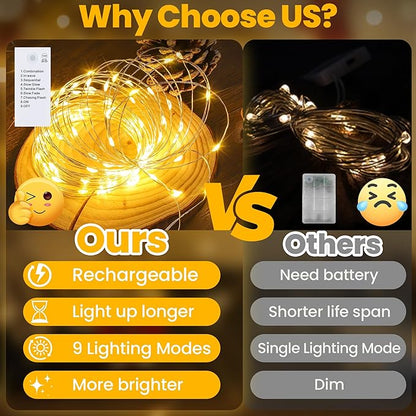Mlambert LED Fairy Lights Battery Operated with Timer, Rechargeable Mini Twinkle Lights for Christmas Decor Holiday Party, 98.4FT(16.4x6), Warm White