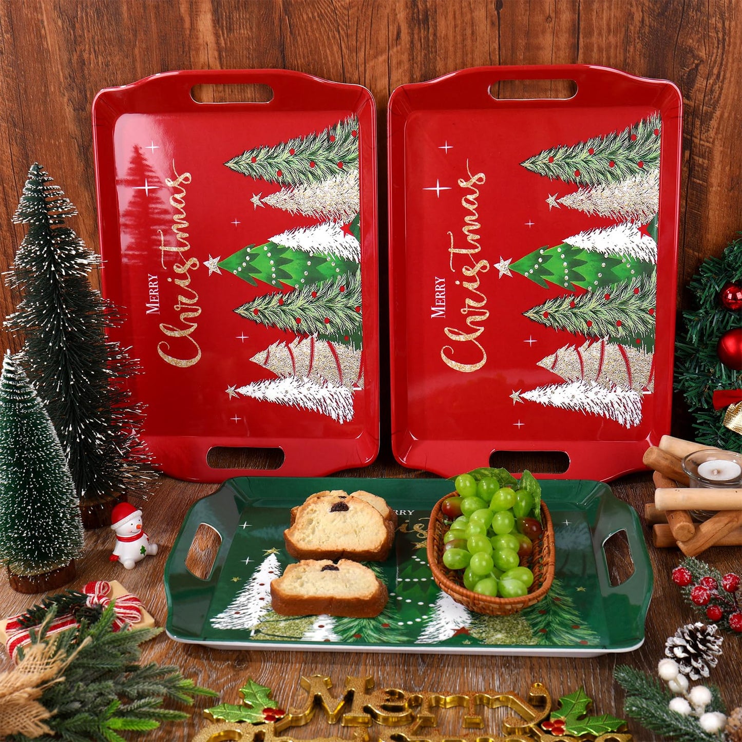 4 Pcs Merry Christmas Serving Tray Xmas Tree Handled Melamine Board Red Green Gold Serving Platter for Home Party Food Supplies