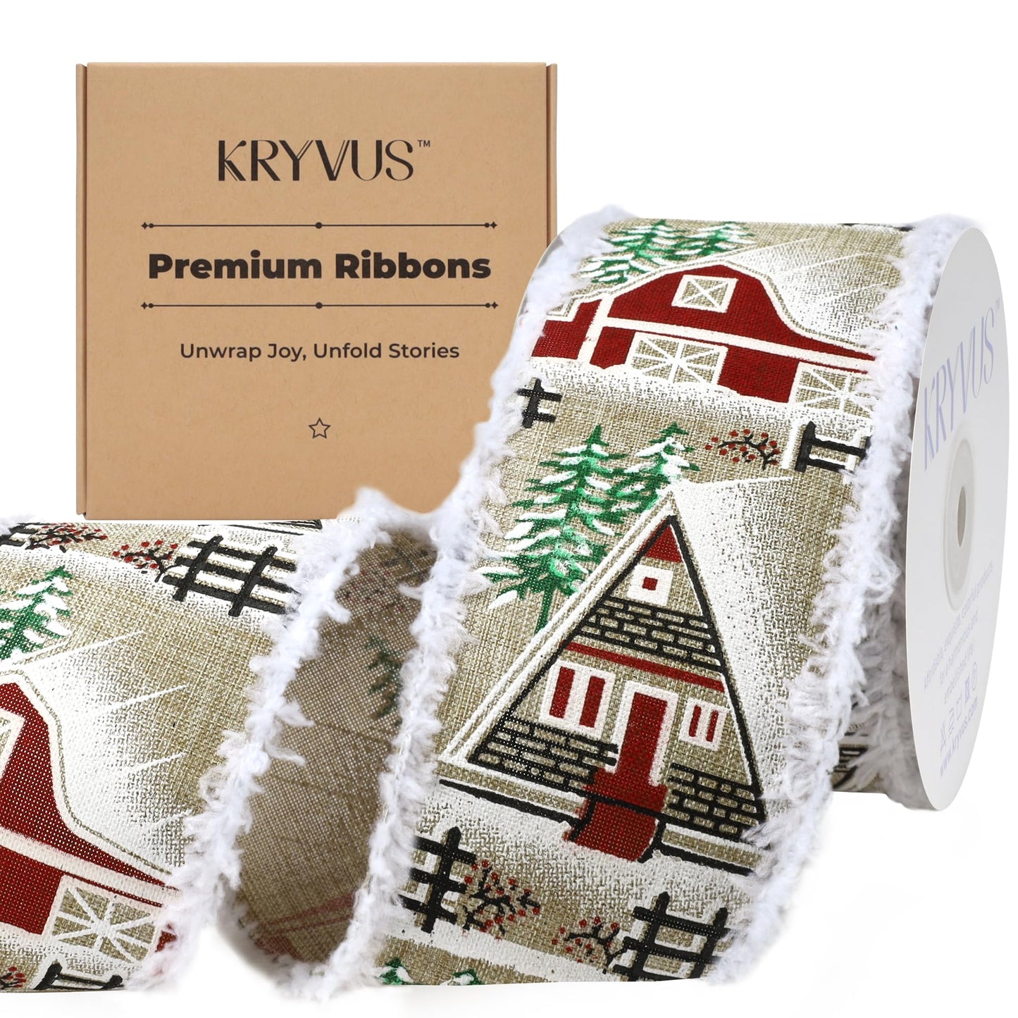 Kryvus Christmas Wired Ribbon, 2.5 Inch X 10 Yards, Natural Linen Christmas Ribbon with Snowy Edge for Wreaths, Gift Wrapping, Xms Tree Decorations & Holiday (Farmhouse)