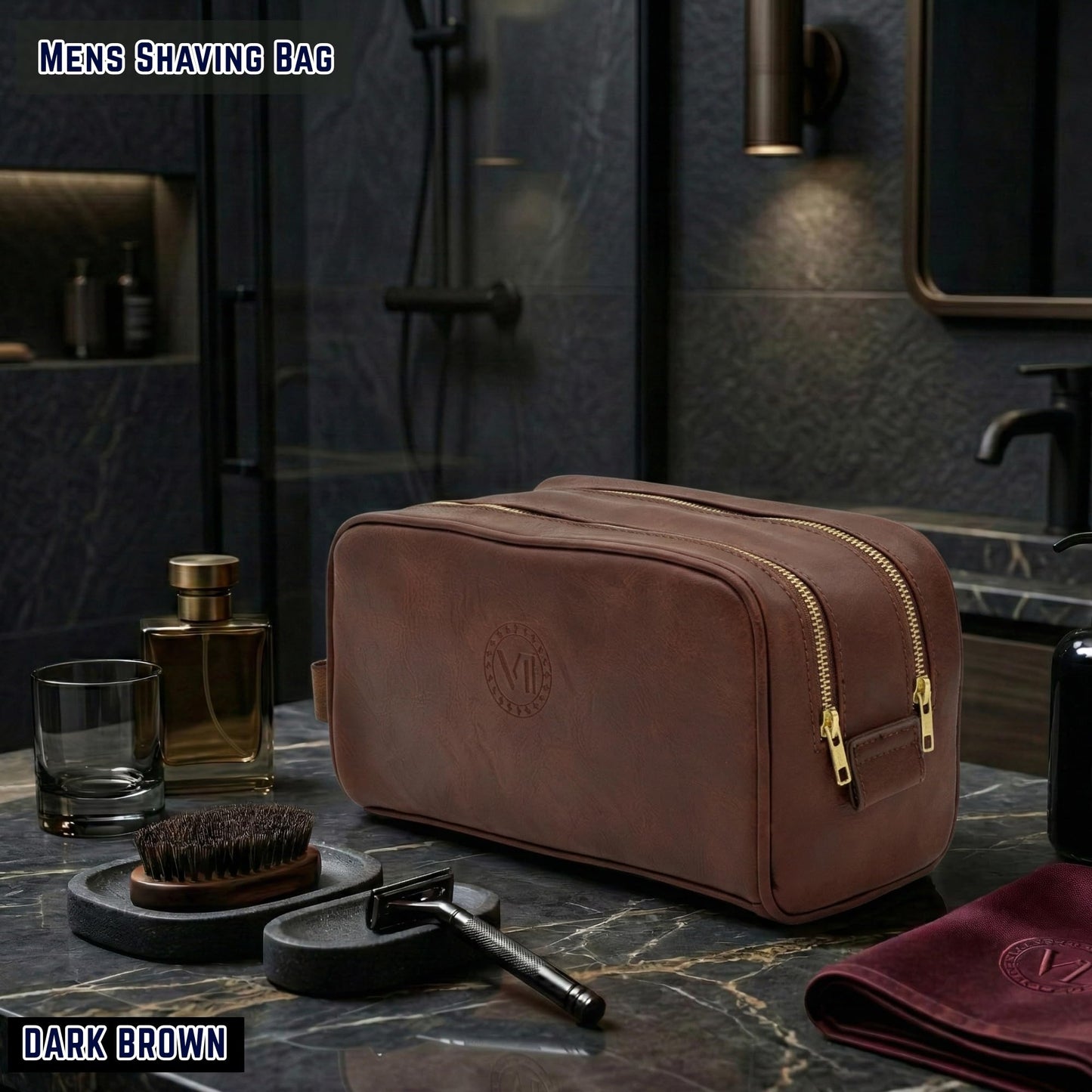 Toiletries bag for men, Premium PU Leather Dopp with Metal Zippers & Bottom Studs, Waterproof Grooming Kit for Men, Mens Birthday Gift, Includes Velvet Dust Bag & Shape-Retention Stuffing / DARK BROWN