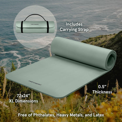 Retrospec Solana Yoga Mat 1/2" Thick w/Nylon Strap for Men & Women - Non Slip Exercise Mat for Yoga, Pilates, Stretching, Floor & Fitness Workouts
