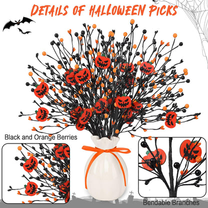 JUNEBRUSHS 6 Pcs Artificial Pumpkin Stems with Black Branches and 2 Roll Ribbons for Halloween Vase Bouquet Arrangement Wreath Table Centerpiece Home Party Decor