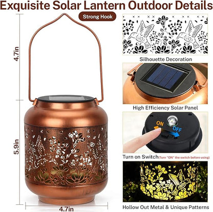 Hummingbird Solar Lanterns Outdoor Hanging, Waterproof Metal Solar Lights Outside for Garden Porch Yard Patio Pathway Tabletop Landscape Decor, LED Lantern Gifts for Women Mom Grandma