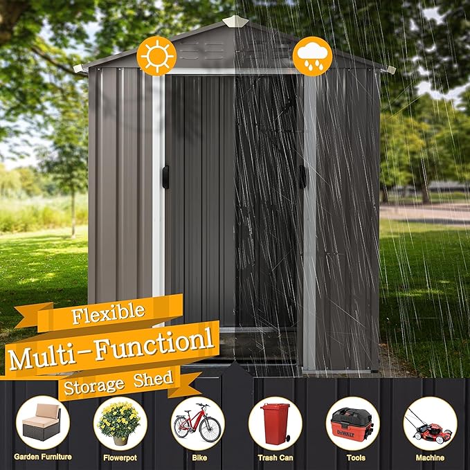 Shintenchi 5x3 FT Outdoor Storage Shed with Window, Lockable Outdoor Waterproof Tool Storage Sheds, Weather Resistant Tool Storage House Shed for Garden,Backyard,Patio Utility Tool Storage,Dark Gray