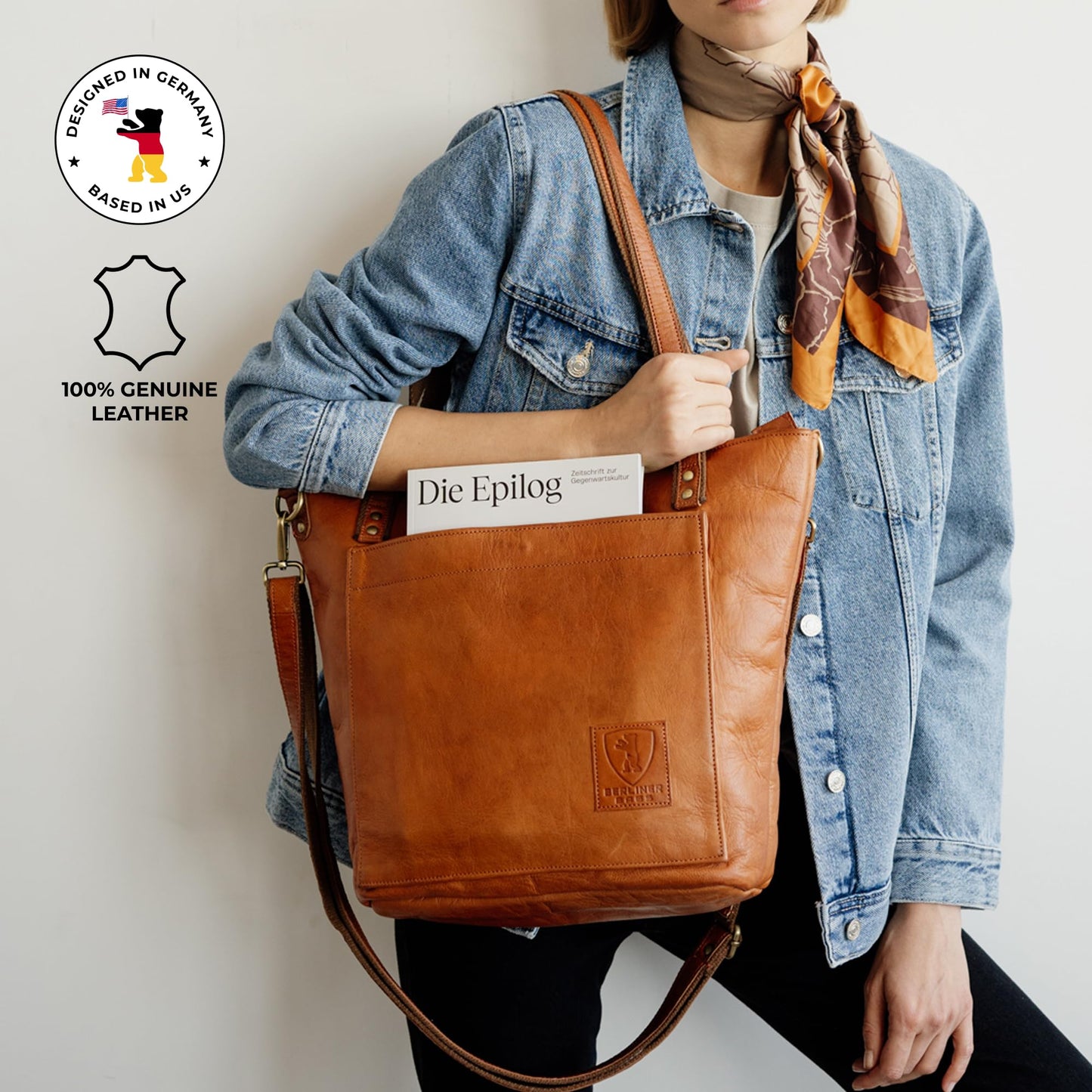 BERLINER BAGS Vintage Leather Shoulder Bag Verona, Large Handbag for Women - Brown