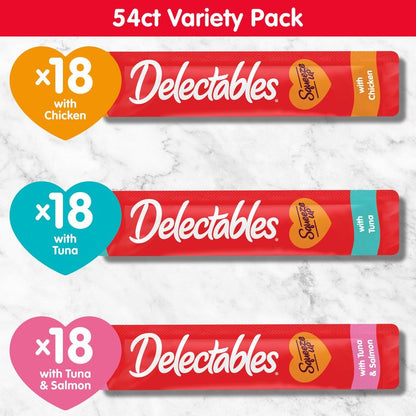 Delectables Squeeze Up Variety Pack, Creamy Squeezable Puree, Lickable Wet Cat Treats, Grain Free, No Fillers, by-Products, Preservatives, 0.5 Ounces Tube, 54 Tubes Total