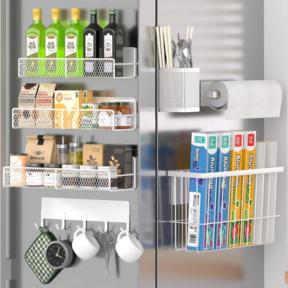 Magnetic Spice Rack for Refrigerator, 6 Pack 100% Metal Strong Magnet Shelf, Space Saving Spice Organizer, Home Kitchen Laundry Room Storage Organization W/ Paper Towel Holder, Utensils Racks (Grey)