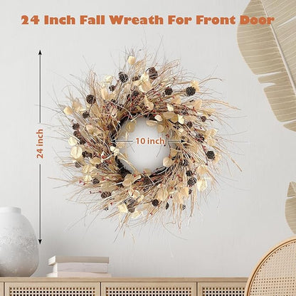 Fall Wreath for Front Door 24 Inch Fall Door Wreaths, Large Autumn Wreath with Berry Pinecones and Raffia, Grapevine Decor for Door Wall Window Home and Halloween Christmas Thanksgiving Decoration