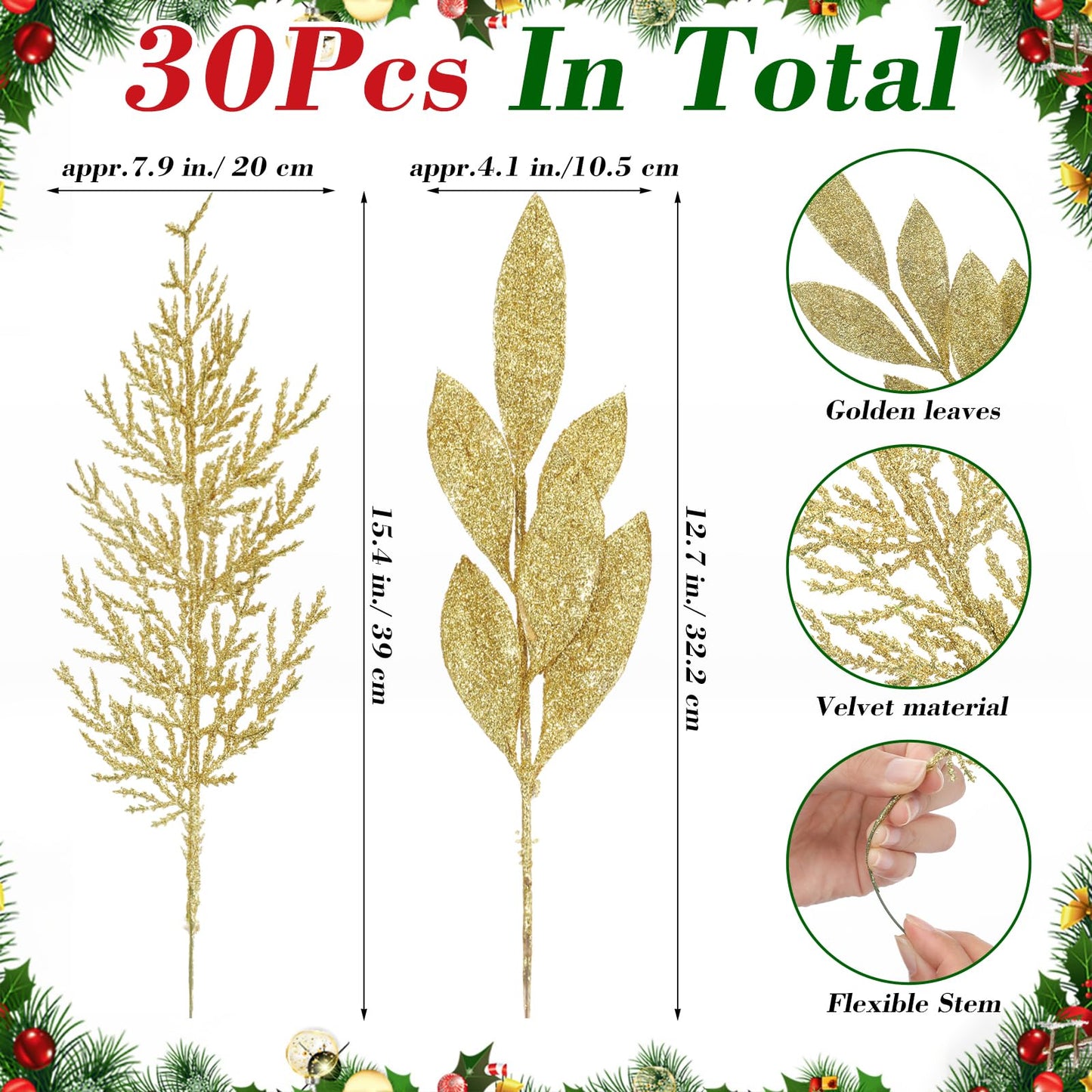 Hoteam 30pcs Gold Christmas Picks Glitter Bay Leaf Ornaments Velvet Gold Glittered Cedar Picks Faux Winter Floral Stems for Xmas Tree Wreaths Centerpieces Holiday Seasonal Wedding Decoration
