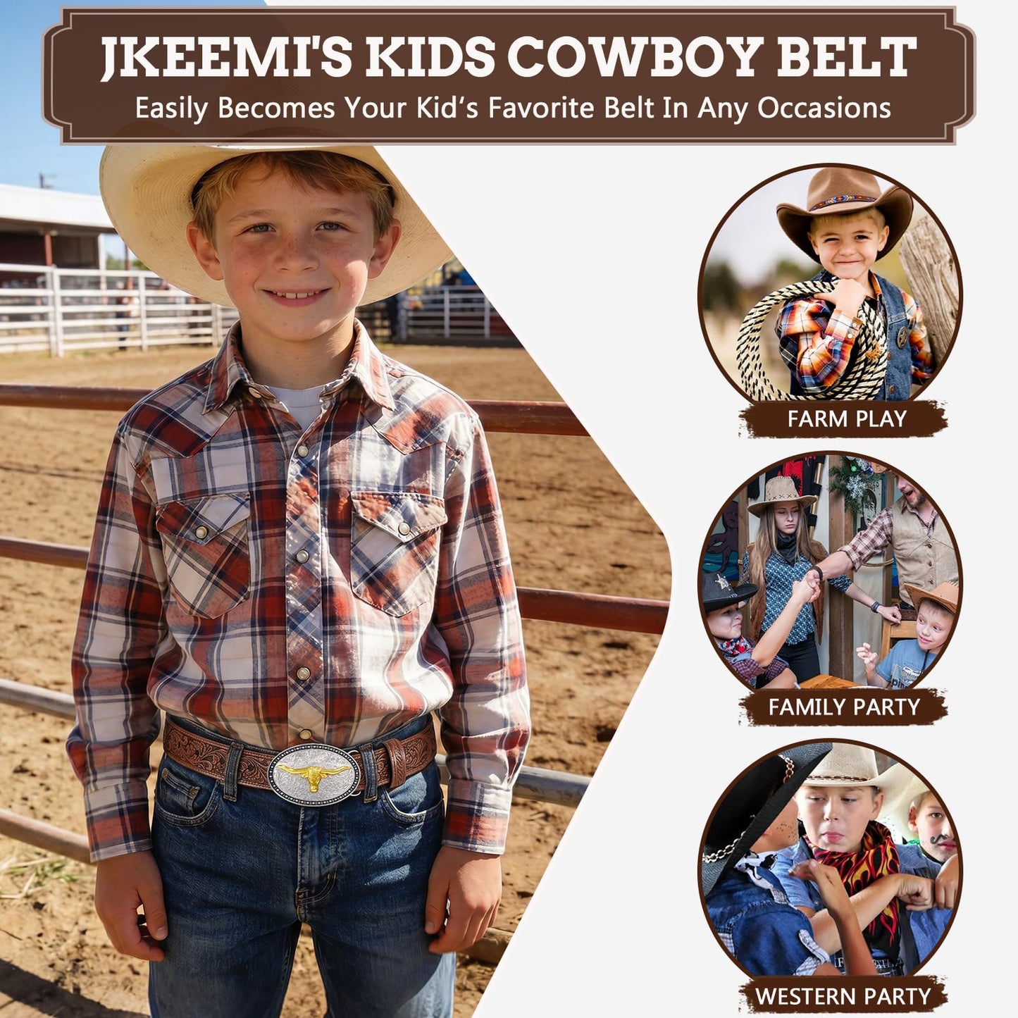 JKEEMI Kids Cowboy Belt for Boys Girls, Removable Buckle and Adjustable Embossed PU Leather Girls Boys Western Belt for Jeans