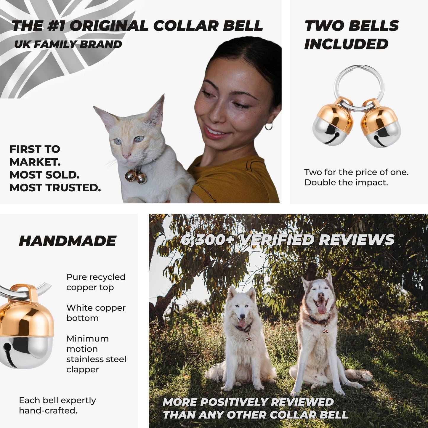Beau's Bells 2 Extra Loud Cat & Dog Bells | Pet Tracker | Save Birds & Wildlife | Luxury Handmade Copper (Large)