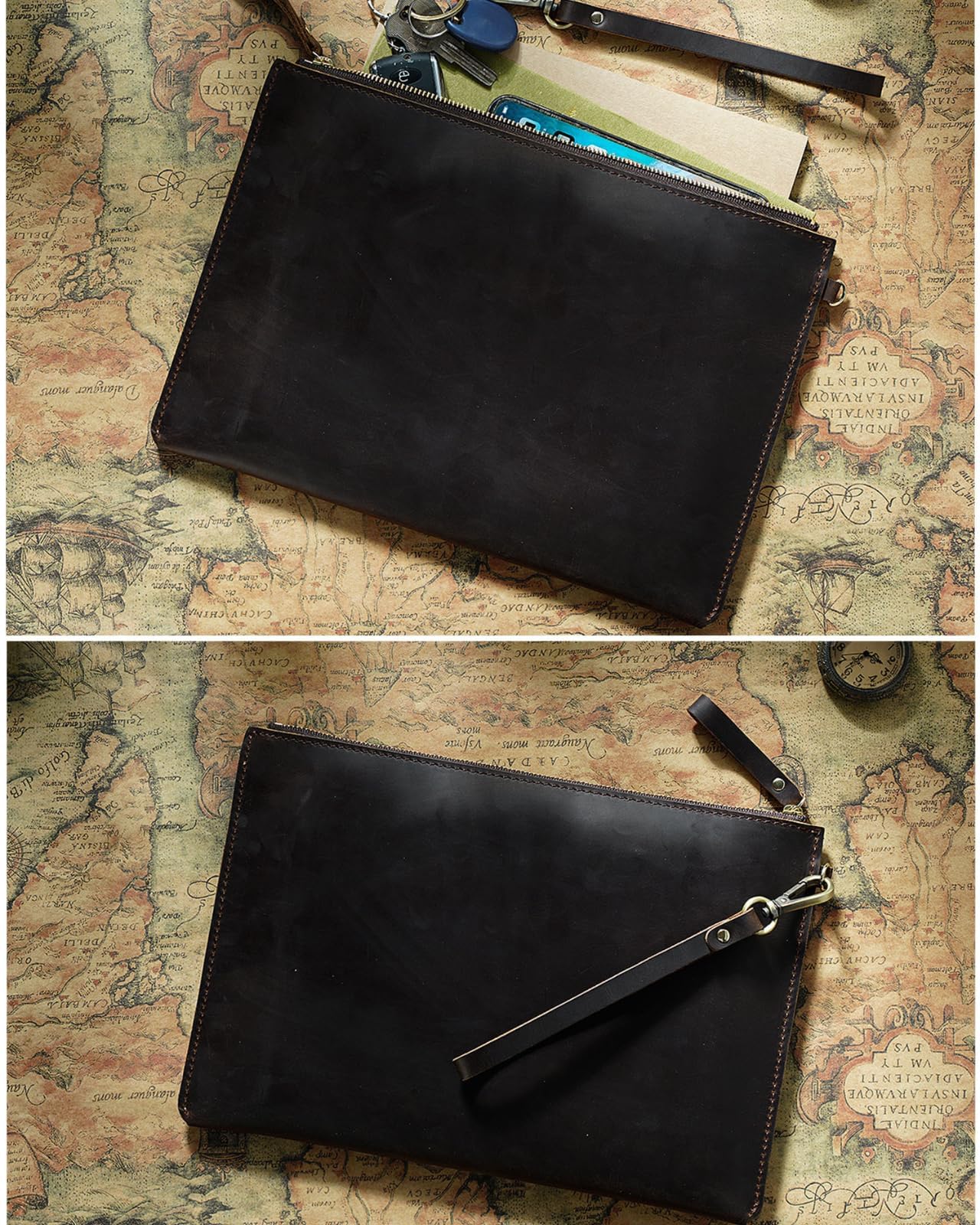 Inkfew Genuine Leather Wristlet for Women and Men, Leather Clutch Business Briefcase Tablet Sleeve Bag with Zip Closure