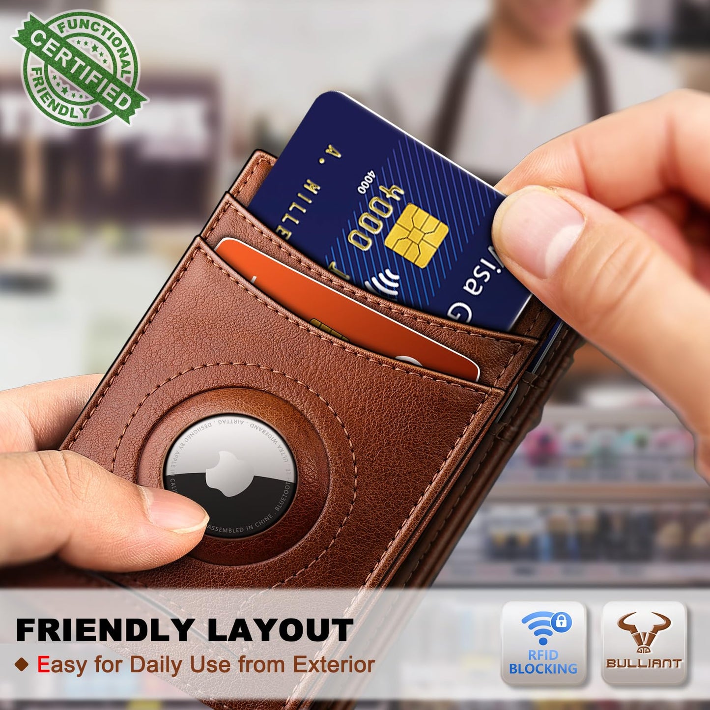BULLIANT Men Airtag Wallet,Slim Wallet Money Clip Card Holder Magnetic Closure 12 Cards in Front Pocket RFID Blocking
