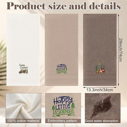 Kitchen 3 Pcs Camping Themed Hand Towels Embroidered Happy Camping Bathroom