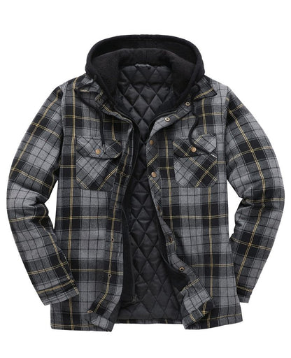 ThCreasa Flannel Hooded Shacket Jackets for Men Quilted Lined Buffalo Plaid Flannel Coat Thick Flannel Shirt Jacket Grey M