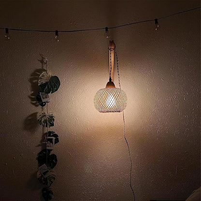 Frideko Bamboo Wall Sconces Set of Two Plug in, Boho Wall Lamp with Plug in Cord, Farmhouse Light Fixtures with 9.84FT On/Off Switch Cord, Rattan Sconces Lighting for Bedroom Living Room