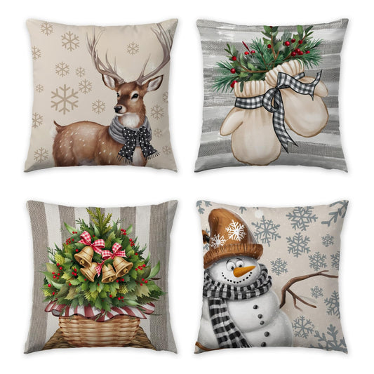 HDVUHKI Christmas Pillow Covers 16x16 inch Set of 4, Holiday Winter Outdoor Vintage Snowflake Xmas Snowman Neutral Farmhouse Seasonal Burlap Reindeer Decorations for Sofa Couch