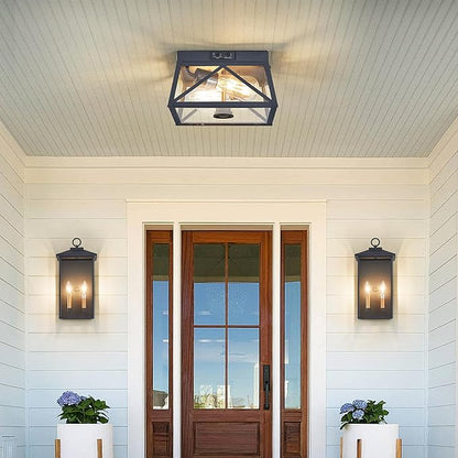 Adjustable Outdoor Motion Sensor Ceiling Light,10" Modern Industrial Design of Squares Flush Mount 2-Light with Clear Glass for Your Porch,Garage,Patio,Hallway,Entryway
