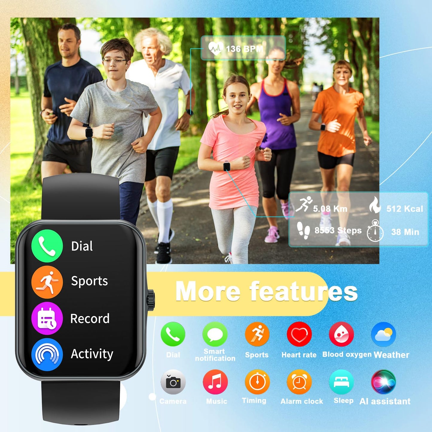 Smart Fitness Tracker Watch for Adults, Sport Smartwatch with Heart Rate Blood Oxygen 37 Exercise Modes Step Counter Phone Calls Siri Recall App Notifications Music Sleep Monitoring for Men Women