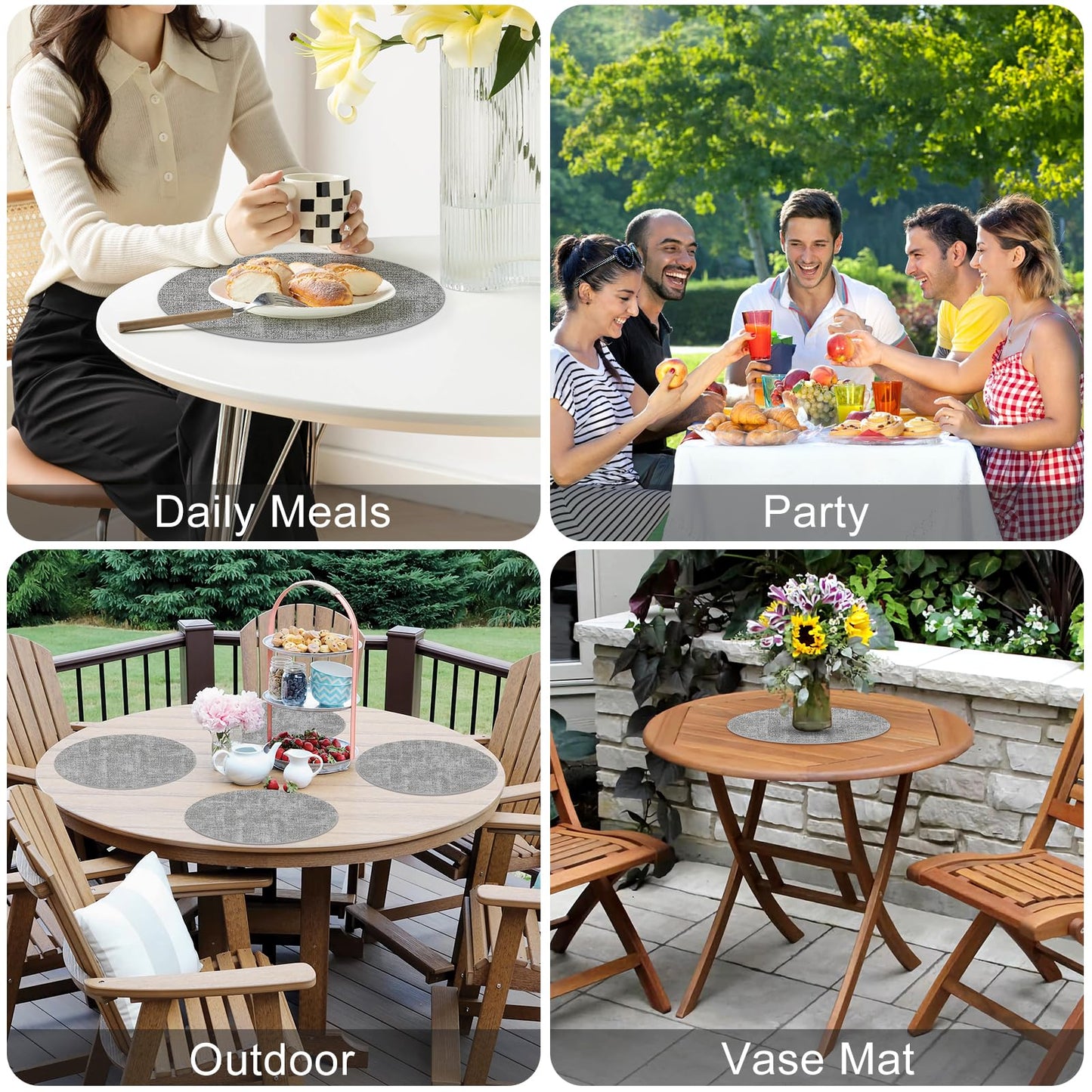 Homaxy Round Faux Leather Placemats and Coasters, Washable Dual-Side Table Mats, Wipeable Heat-Resistant Dining Place Mats for Outdoor and Indoor, Set of 12, Diameter 13 and 3.93 inch, Light Grey