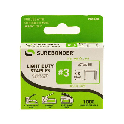 Surebonder 55138 Light Duty 3/8-Inch Leg Length, .441-Inch Crown Staples, Arrow JT21 Type, 1000 Count