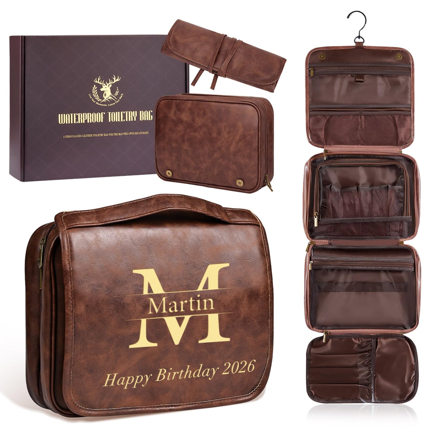 Aganmi Personalized Gifts for Men Hanging Toiletry Bag, Custom Waterproof PU Leather Dopp Kit with Laser Engraved Name, 3-in-1 Detachable Shaving Bag Gifts for Husband Dad Groomsmen Reddish Brown