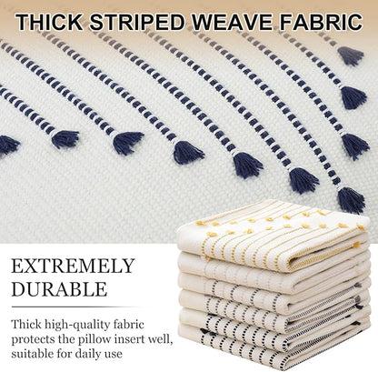 Mecatny Boho Outdoor Throw Pillow Covers 18X18 Set of 2, Farmhouse Decorative Pillow Covers for Couch Sofa Living Room, Navy & Cream White