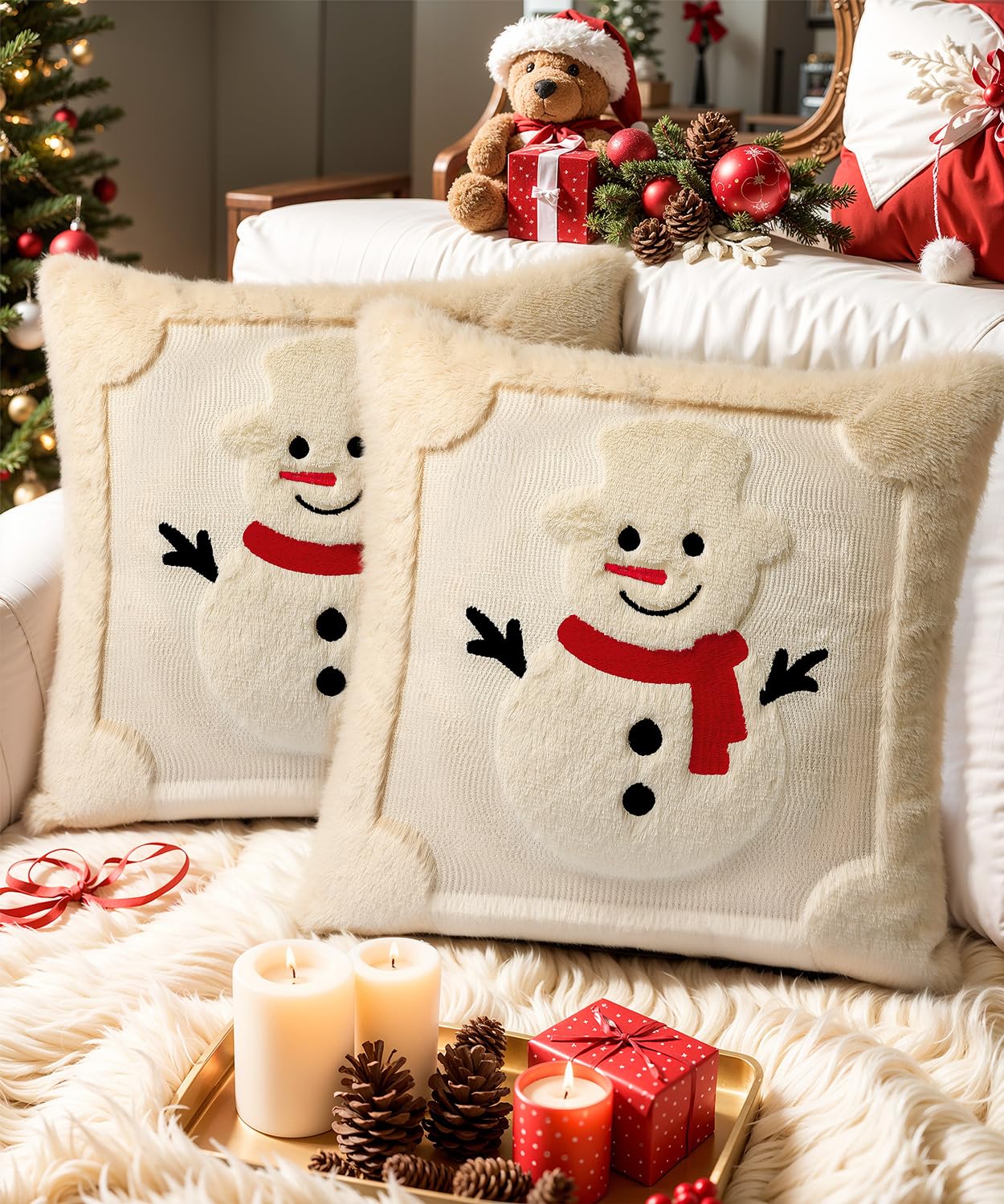 SEGXCFL Christmas Pillow Covers Set of 2 Soft Plush Faux Fur Pillow Cases 3D Embroidered Decorative Couch Cover Home Decor Christmas Throw Pillow Covers 18x18,Beige Snowman