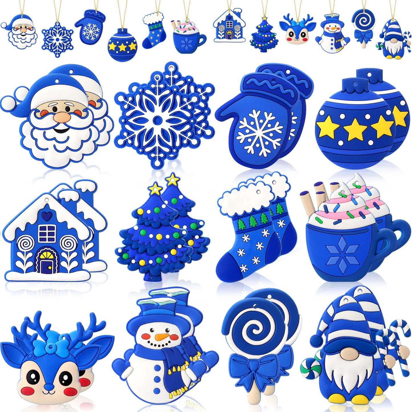 Lunmon 24 Pcs Blue Winter Ornaments PVC Snowman Tree Ornaments Gingerbread House Gnomes Ornament Blue Winter Decorations for Xmas Tree Party Holiday Decor
