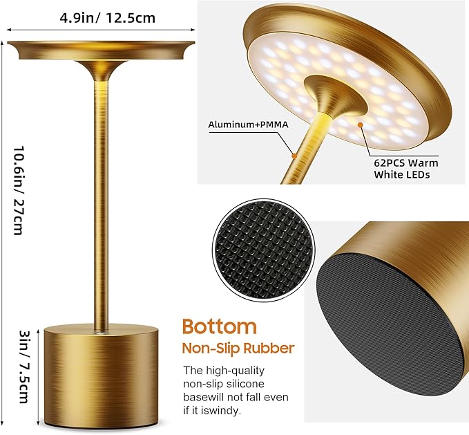 Cordless Table Lamp,Rechargeable 6000mAh Battery Operated Portable Table Light, 3 Color Stepless Dimmable Battery Lamps, LED Table Light for/Restaurant/Outdoor/Patio(Gold)