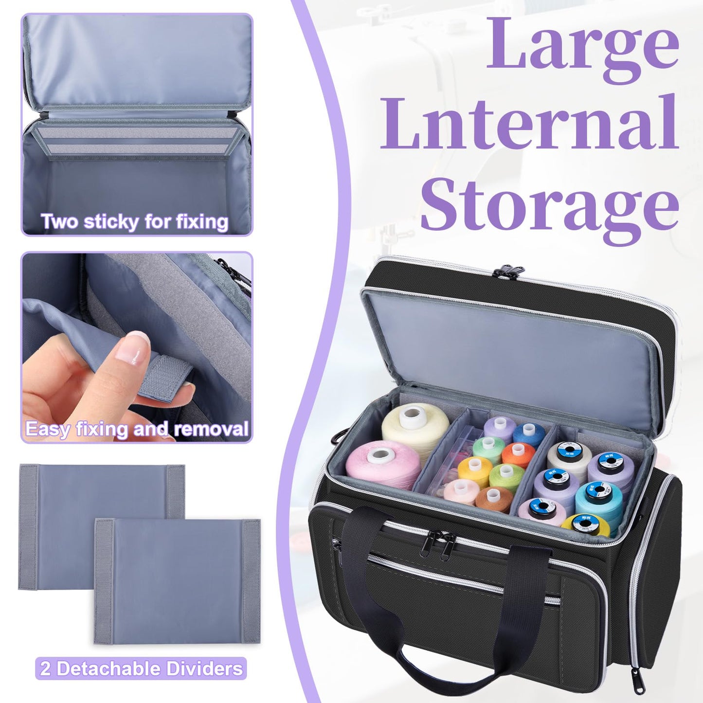 Anitor Large Sewing Supplies Organizer, Double Layer Sewing Storage Organizer with Two Detachable Dividers, Travel Sewing Bag Organizer with Shoulder Strap for Accessories, Black, (Bag Only)