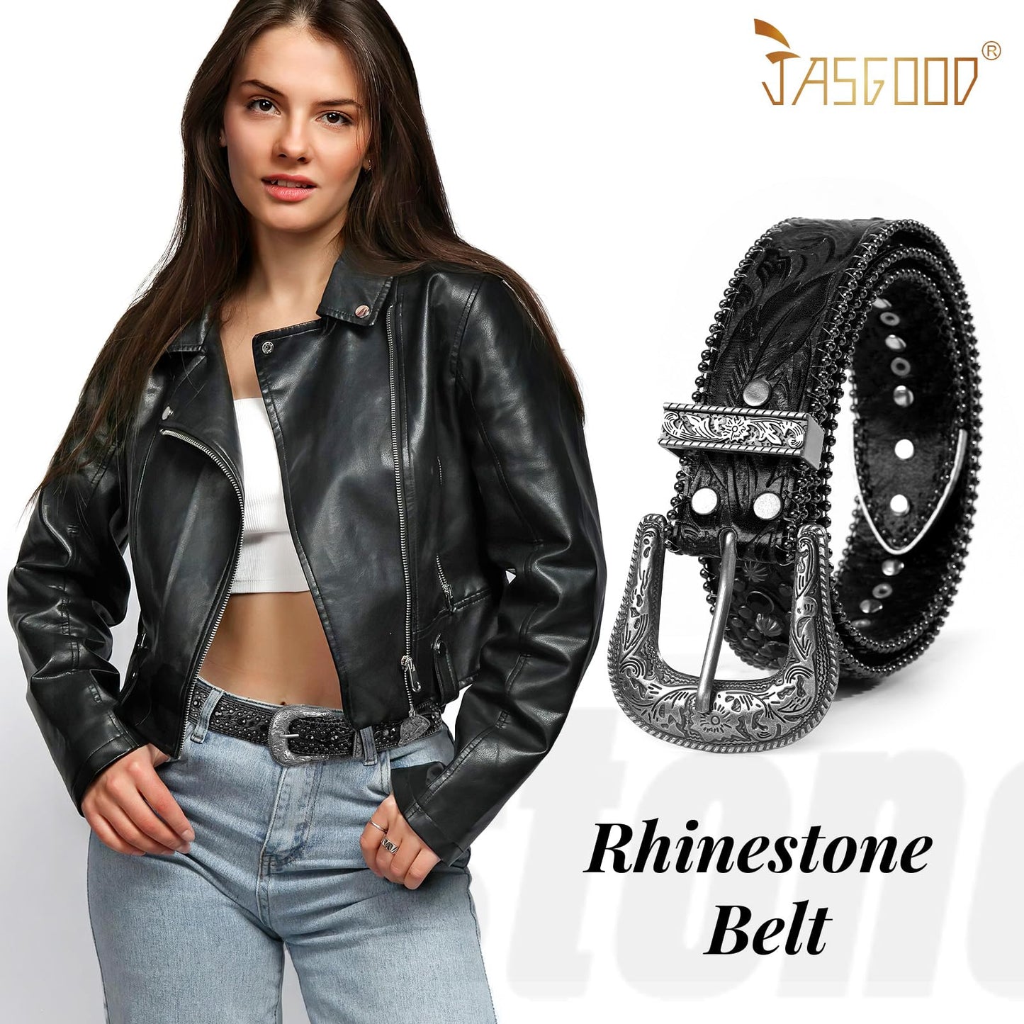 JASGOOD Rhinestone Belt for Women Men Bling Studded Western Cowboy Cowgirl Belts for Jeans,Black