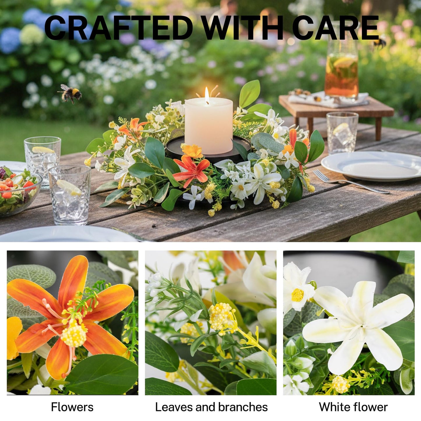 MOYEE Summer Centerpieces for Tables Wreath with Candle Holder,Candle Ring, Black Metal Candlestick with an Artificial Wreaths 14 in Versatile Dining Table Centrepiece (an Orange and White Wreath)