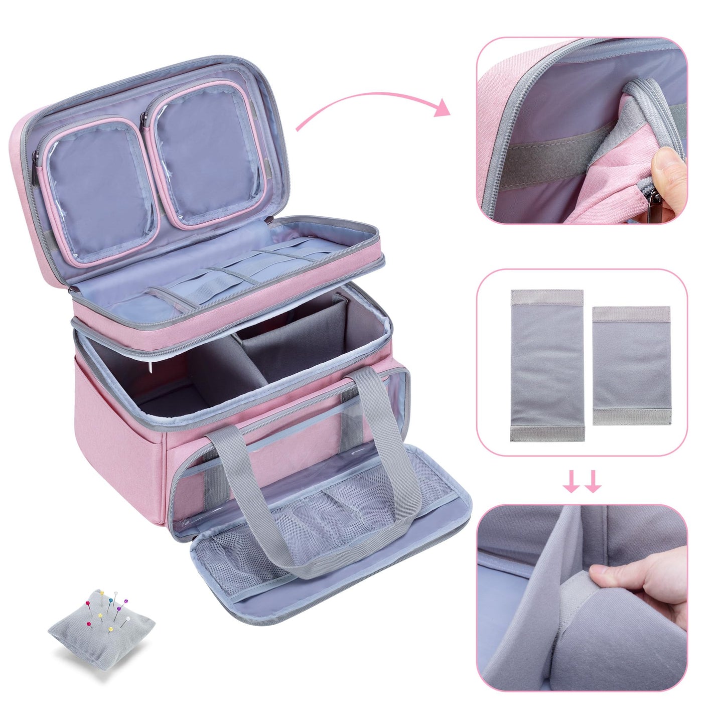 BAFASO Double Layer Sewing Accessories Organizer with 2 Detachable Pouches, Large Sewing Storage Bag for Sewing Tools (Bag ONLY), Pink