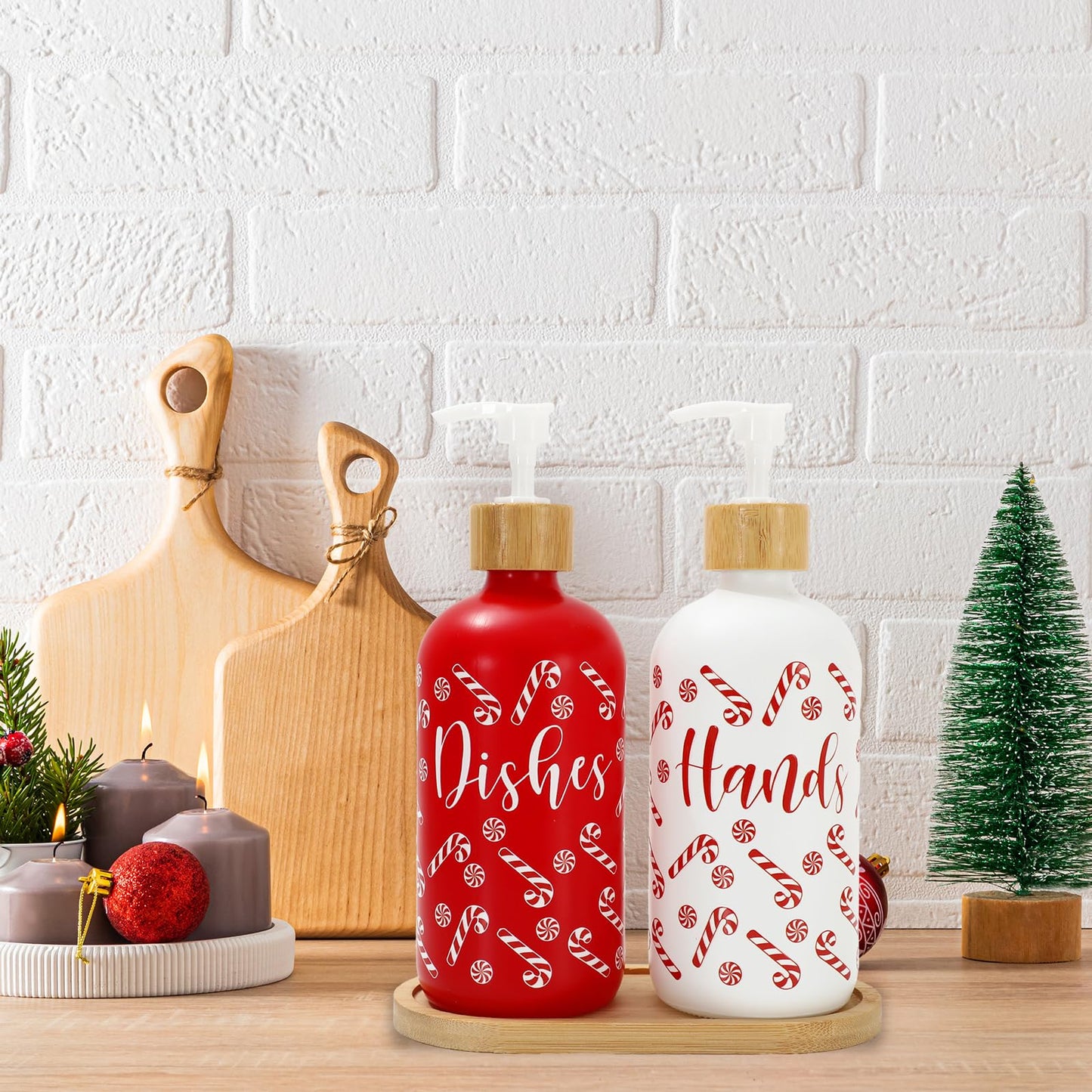 FYSUIMU 2 Pcs Christmas Soap Dispenser Glass Soap Dispenser with Pump Red Xmas Candy Cane Refillable Liquid Container for Hands Dishes Party Home Kitchen Bathroom Decor
