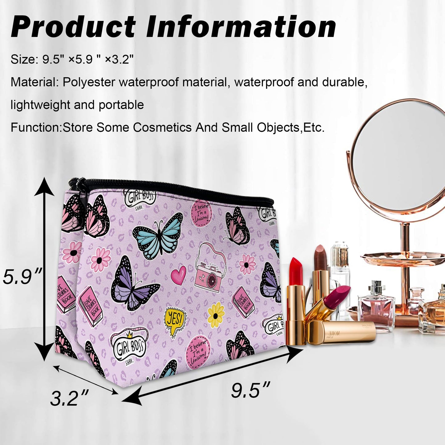 DEMACYA Makeup Bag for Purse, Waterproof Funny Cute Cartoon Butterflies Cosmetic Bag for Women, Zipper Travel Toiletry Pouch Gift 9.5×5.9 Inch