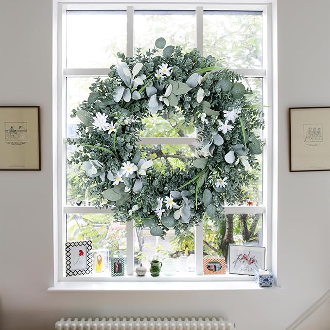 Door Wreath Green Eucalyptus for Front Door Wreaths Spring Summer Wreath 26 Inch Artificial Leaves Wreaths for All Season Home Farmhouse Porch Year Round Outdoor Wall Decorating,24 Inch